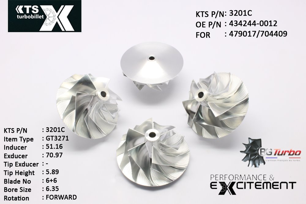 Turbo ROUE FORGÉE MFS PERFORMANCE - 6+6 PALES - INDUCER : 51,16 - EXDUCER : 70,97 - TYPE : GT3271ANGLE : 50° - ROTATION : Forward - SUPER BACK : 4,75 - BORE SIZE : 6,35
